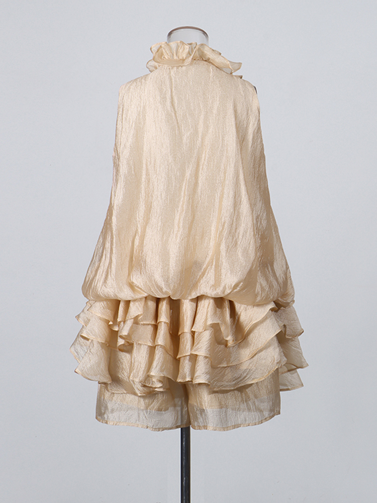 TWOTWINSTYLE Sleeveless Spliced Flower Ruffle Hem Mini Dress