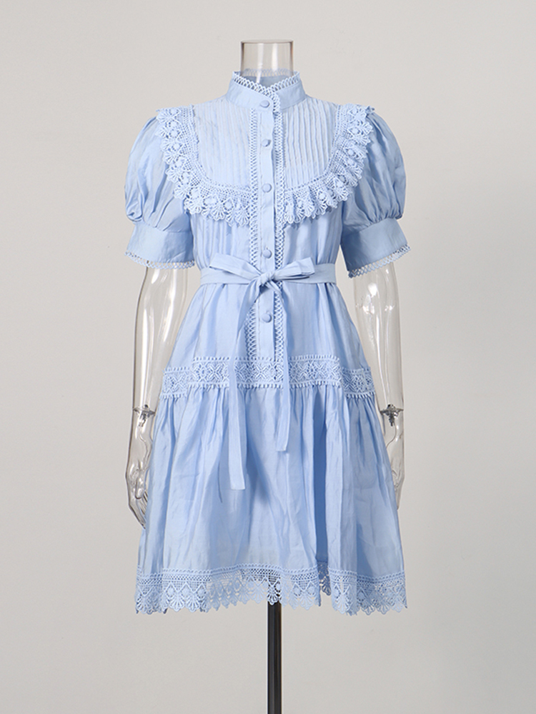 TWOTWINSTYLE Stand Collar Puff Sleeve High Waist Chic Dress