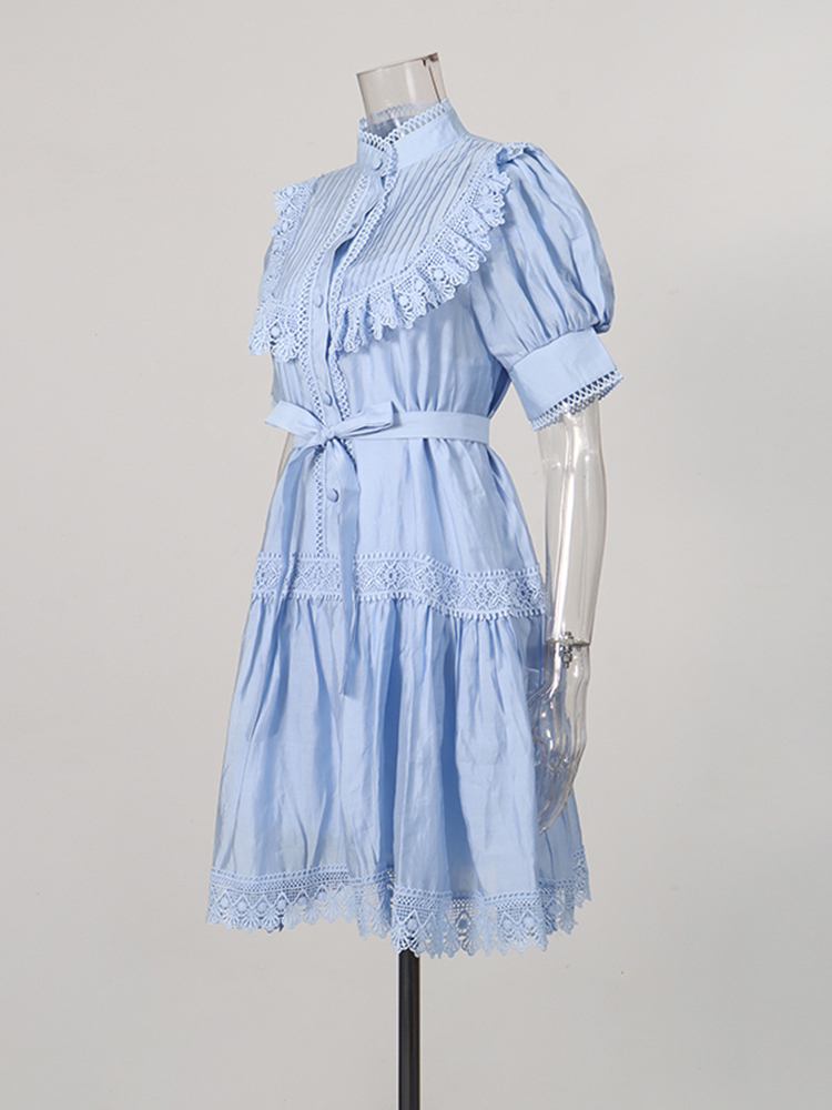 TWOTWINSTYLE Stand Collar Puff Sleeve High Waist Chic Dress
