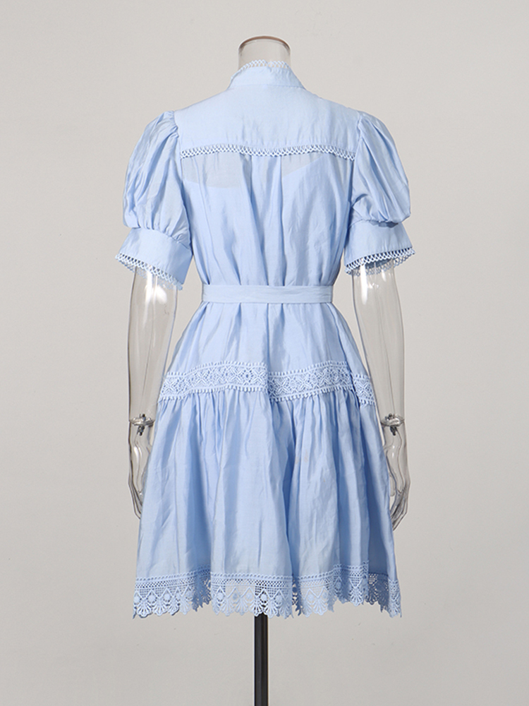 TWOTWINSTYLE Stand Collar Puff Sleeve High Waist Chic Dress