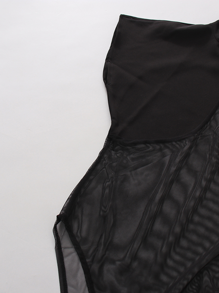 TWOTWINSTYLE Stand Collar Sleeveles Patchwork Mesh Sexy Jumpsuit