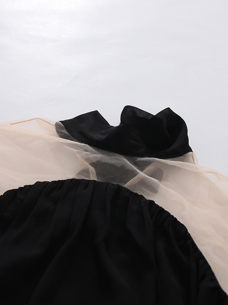 TWOTWINSTYLE Stand Collar Puff Sleeve Spliced Mesh Elegant Shirt