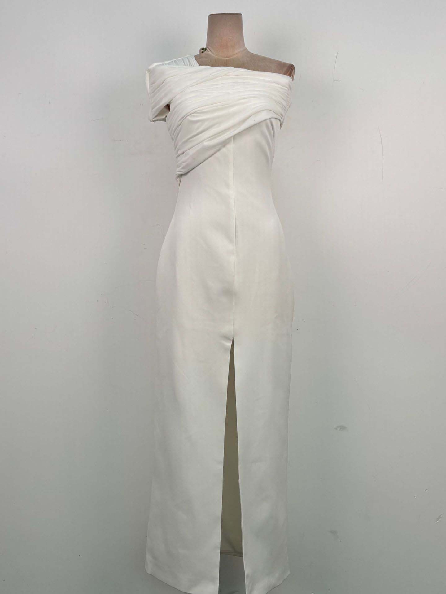 TWOTWINSTYLE Solid Off Shoulder Slit Pleated Tunic Desig Dress
