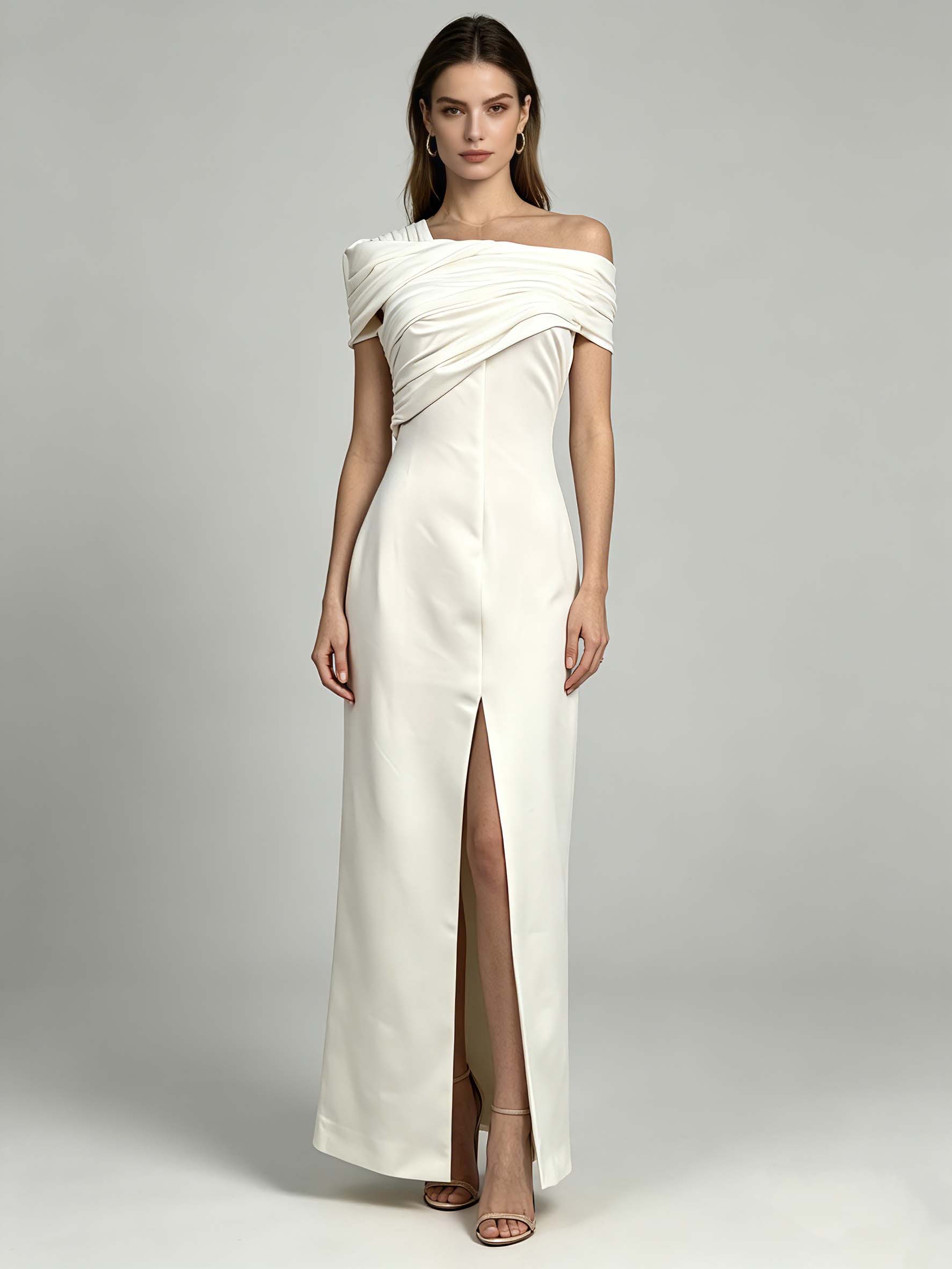 TWOTWINSTYLE Solid Off Shoulder Slit Pleated Tunic Desig Dress
