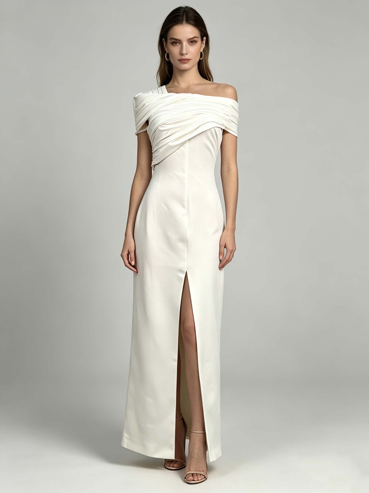 TWOTWINSTYLE Solid Off Shoulder Slit Pleated Tunic Desig Dress