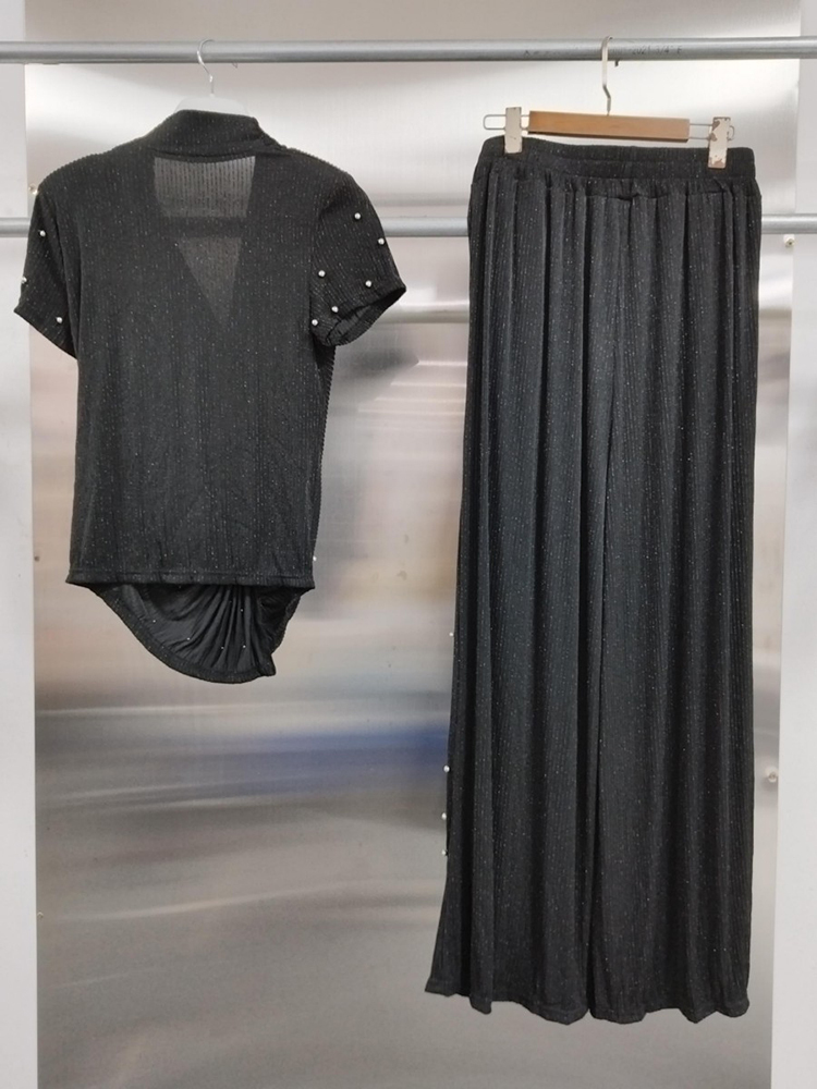 TWOTWINSTYLE V Neck Short Sleeves Kink Top Midi Skirt Elegant Wave Point Set