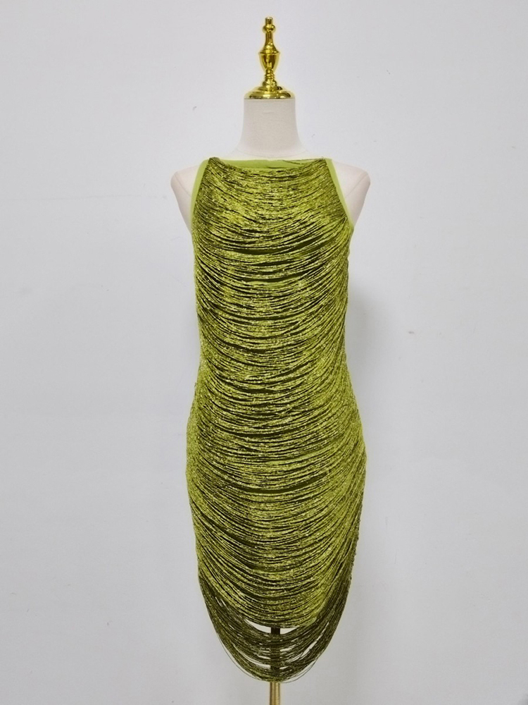 TWOTWINSTYLE Round Neck Sleeveles Spliced Tassel Vintage Dress