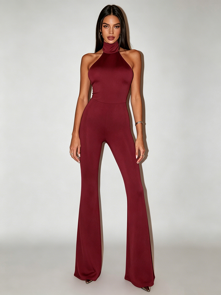 TWOTWINSTYLE Halter High Neck Sleeveless Stretch Flared Sexy Jumpsuit