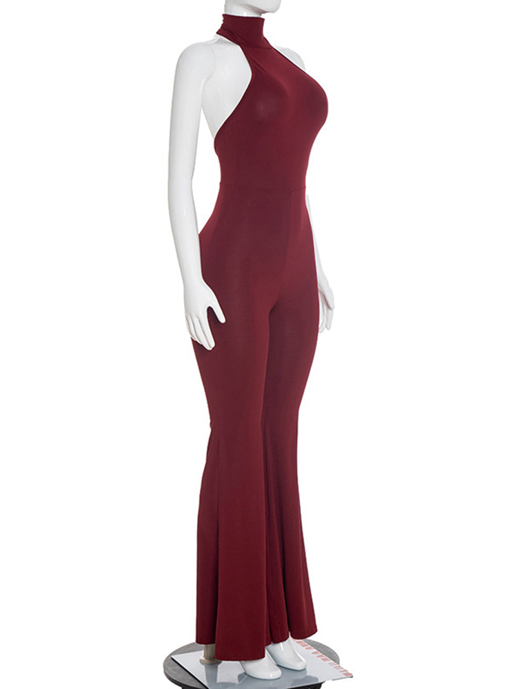 TWOTWINSTYLE Halter High Neck Sleeveless Stretch Flared Sexy Jumpsuit