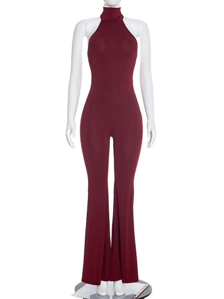 TWOTWINSTYLE Halter High Neck Sleeveless Stretch Flared Sexy Jumpsuit