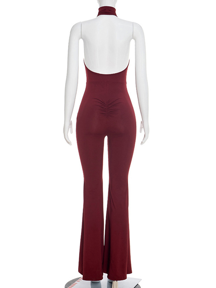 TWOTWINSTYLE Halter High Neck Sleeveless Stretch Flared Sexy Jumpsuit