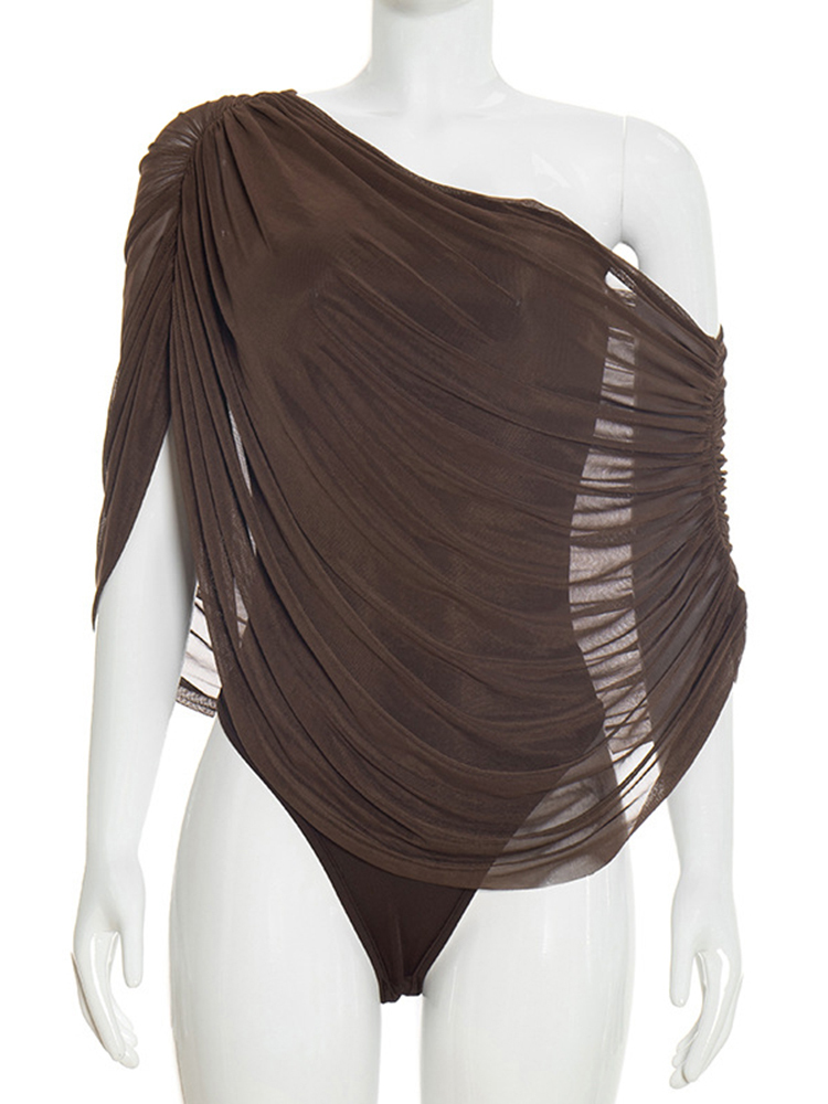 TWOTWINSTYLE Spliced Mesh One Shoulder Ruched Vintage Jumpsuit