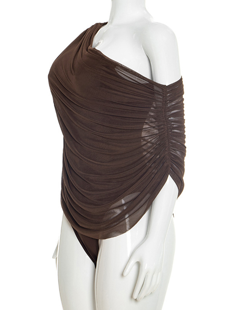 TWOTWINSTYLE Spliced Mesh One Shoulder Ruched Vintage Jumpsuit