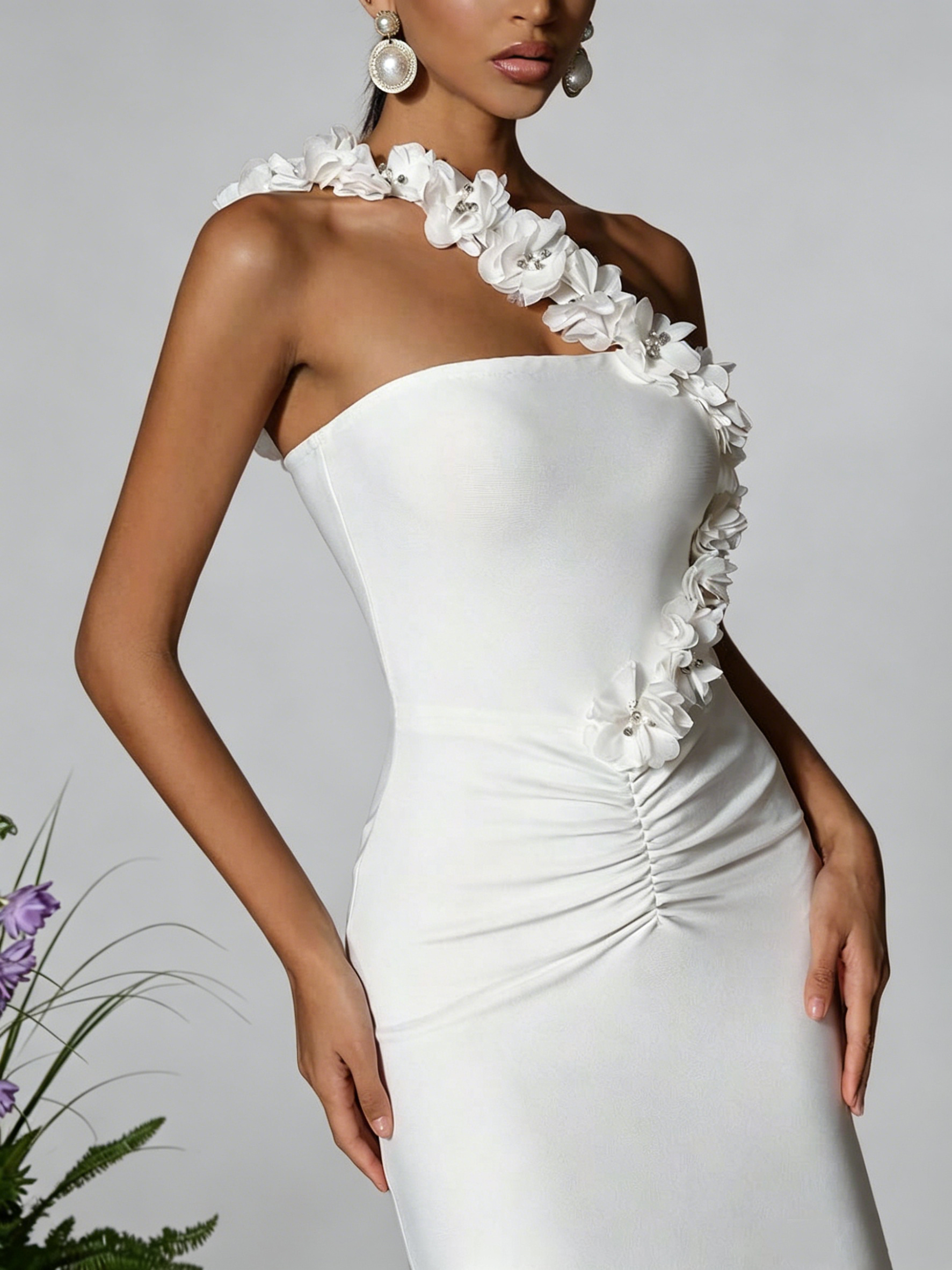 TWOTWINSTYLE Off Shoulder Pleated Patchwork 3D Flower Fashion Dress