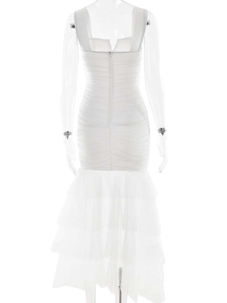 TWOTWINSTYLE Solid Ruched Tunic Spliced Mesh Fashion Camisole Dress