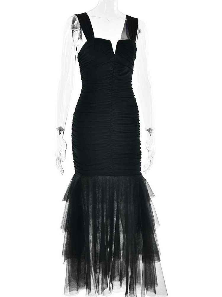 TWOTWINSTYLE Solid Ruched Tunic Spliced Mesh Fashion Camisole Dress
