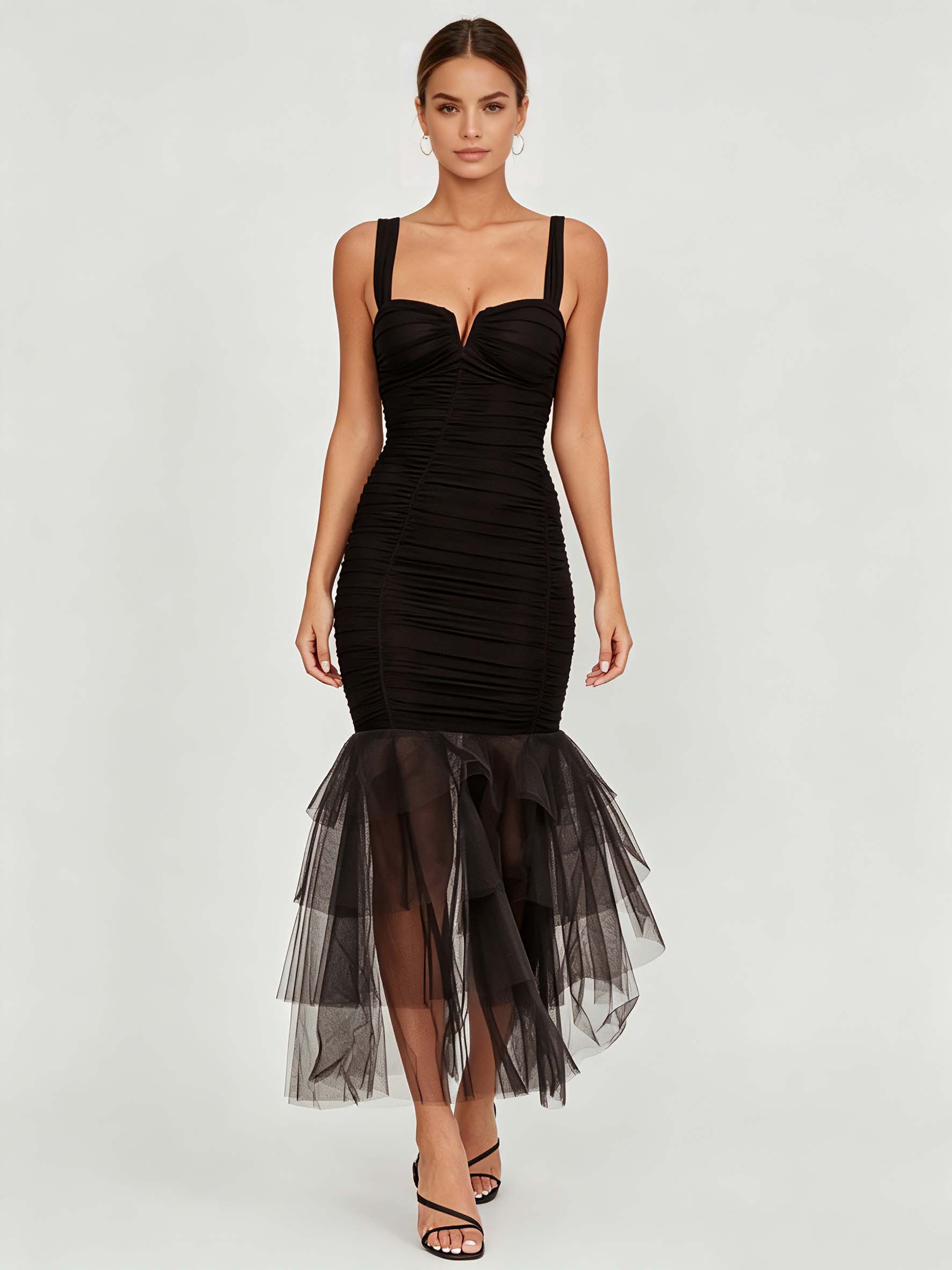TWOTWINSTYLE Solid Ruched Tunic Spliced Mesh Fashion Camisole Dress