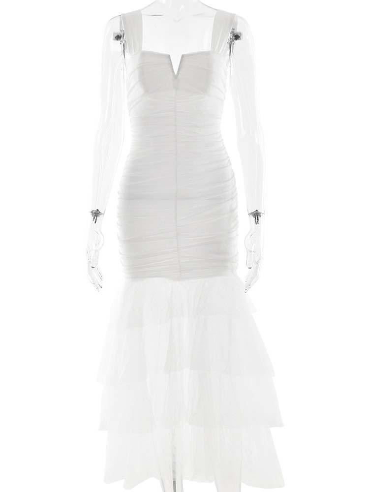 TWOTWINSTYLE Solid Ruched Tunic Spliced Mesh Fashion Camisole Dress