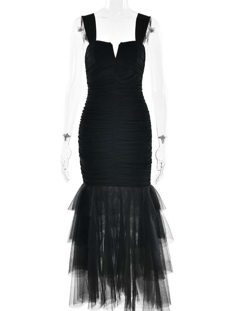 TWOTWINSTYLE Solid Ruched Tunic Spliced Mesh Fashion Camisole Dress