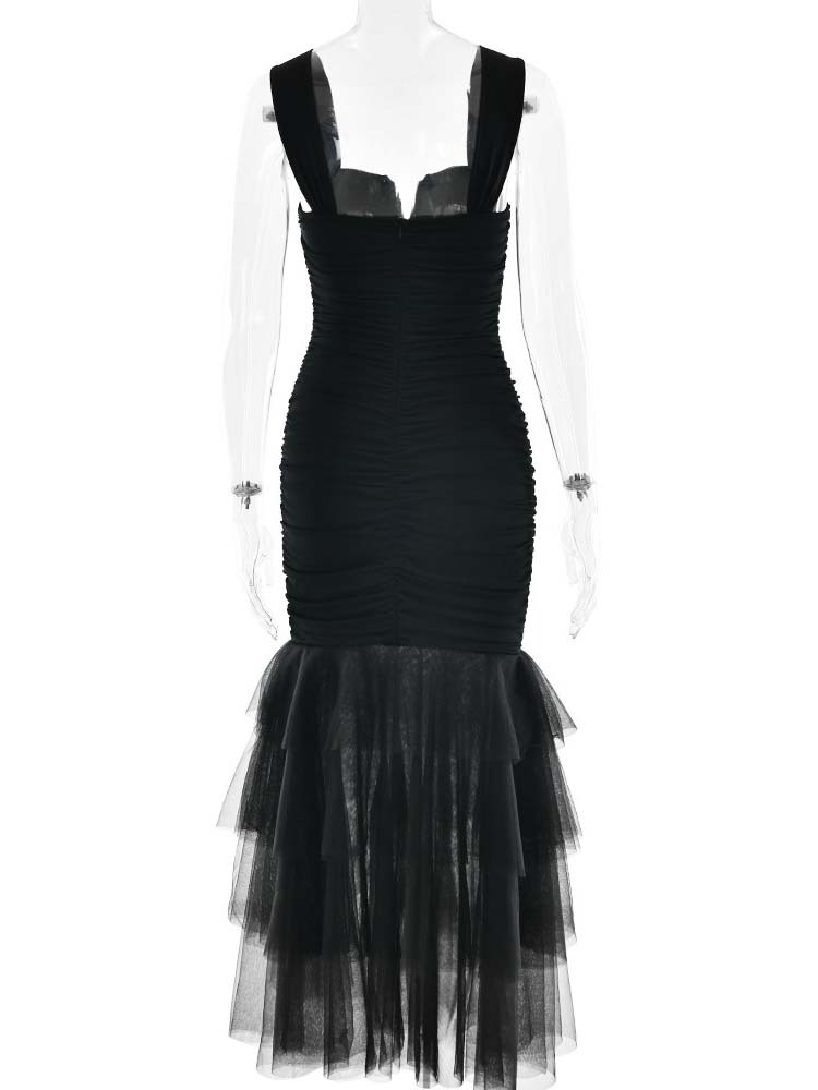 TWOTWINSTYLE Solid Ruched Tunic Spliced Mesh Fashion Camisole Dress