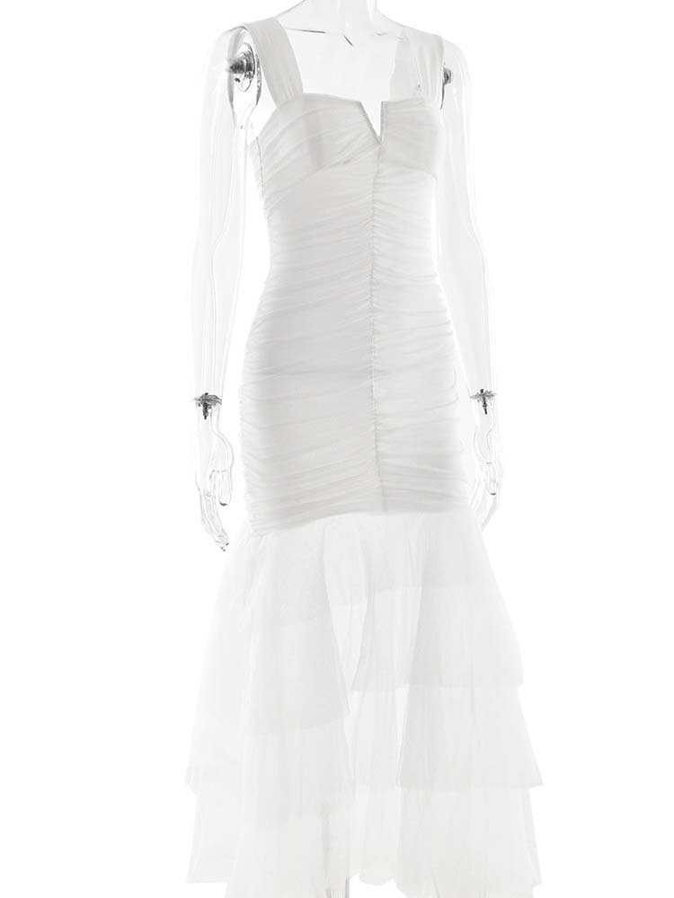 TWOTWINSTYLE Solid Ruched Tunic Spliced Mesh Fashion Camisole Dress