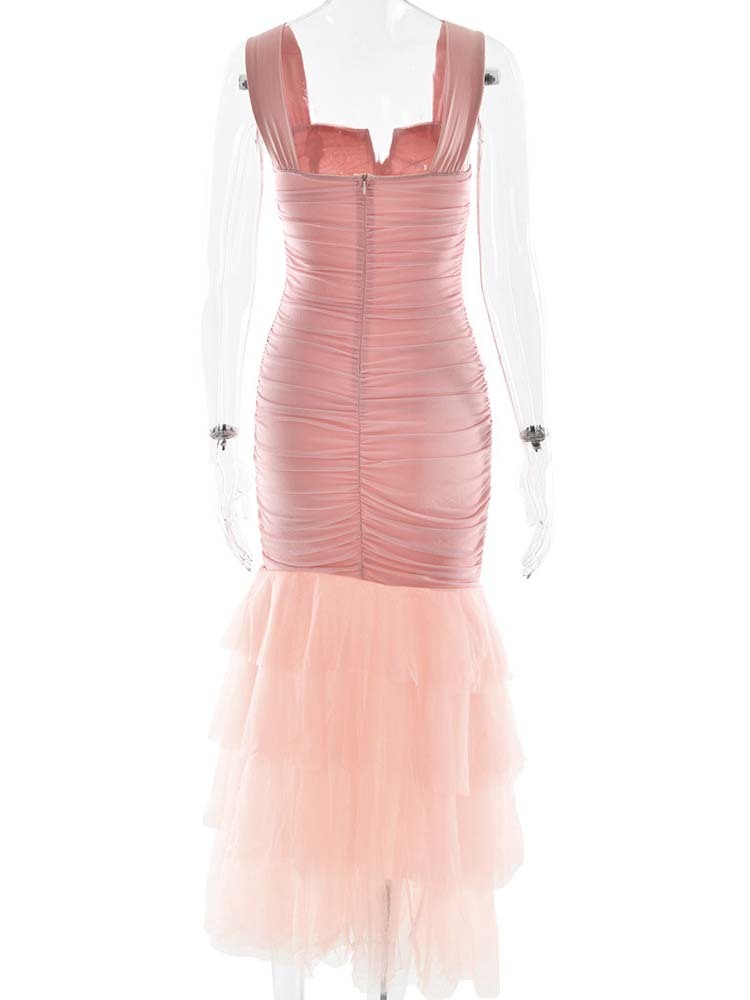TWOTWINSTYLE Solid Ruched Tunic Spliced Mesh Fashion Camisole Dress