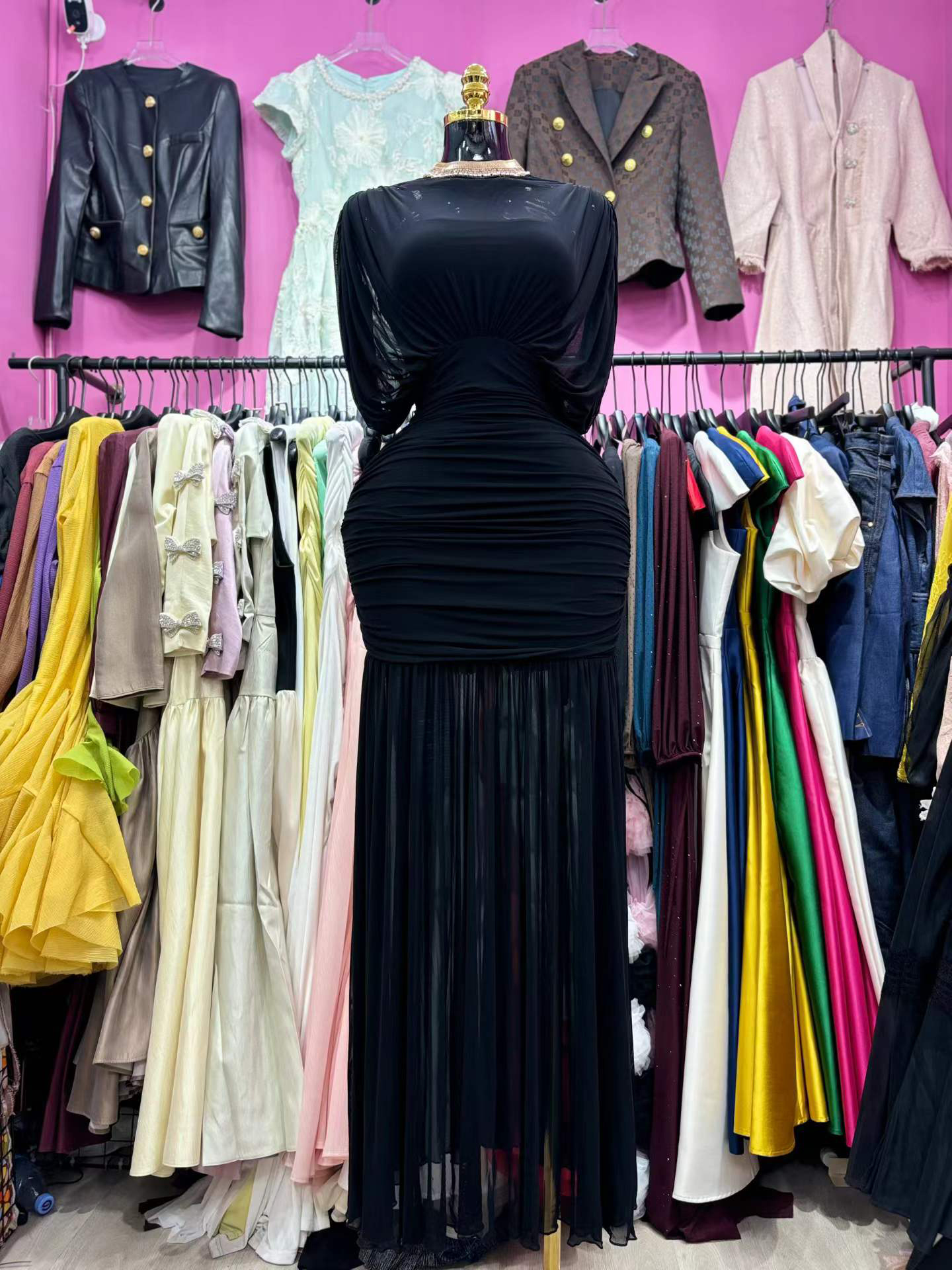 TWOTWINSTYLE Solid Stand Collar Spliced Mesh Vintage Dress
