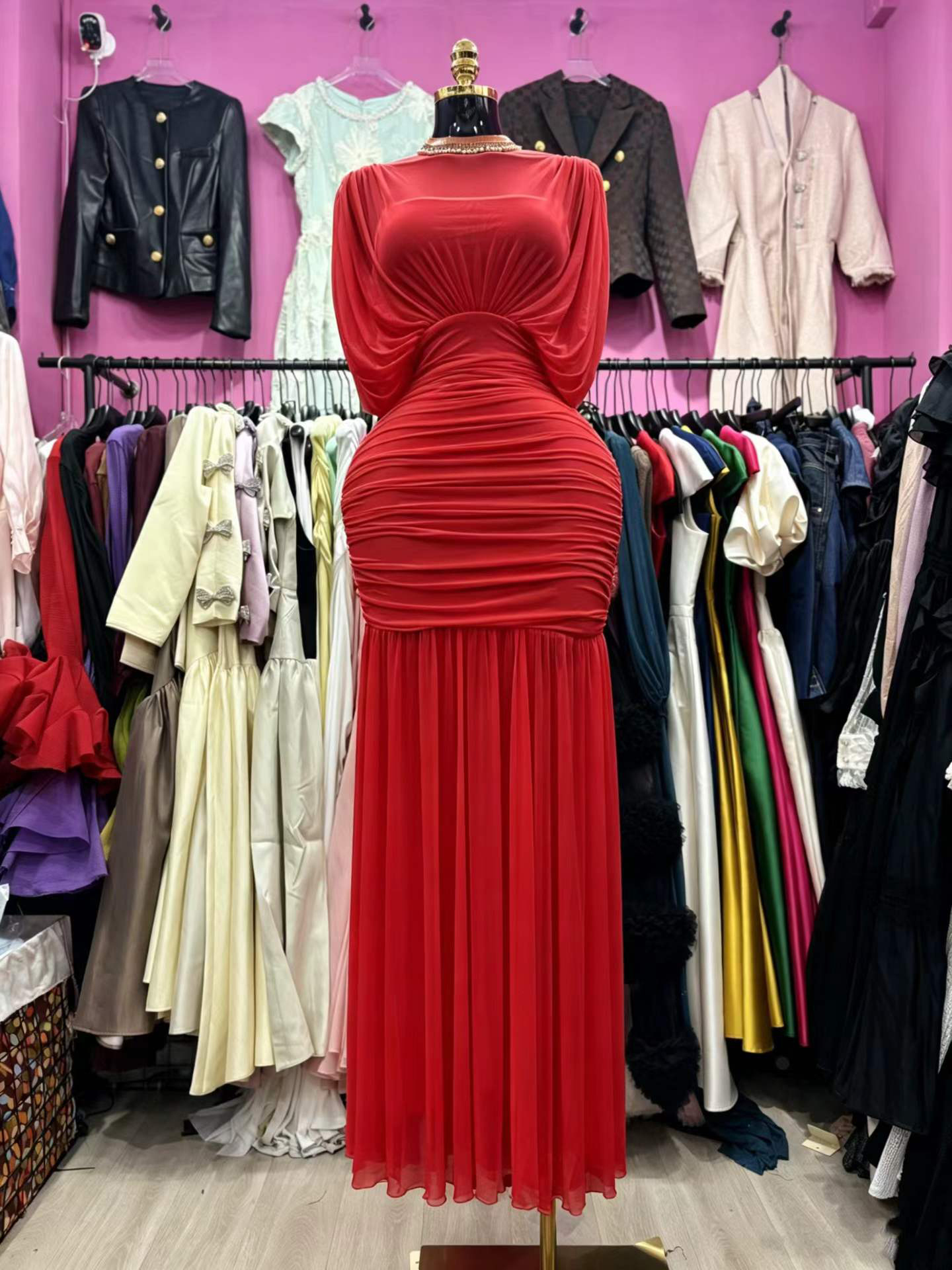 TWOTWINSTYLE Solid Stand Collar Spliced Mesh Vintage Dress