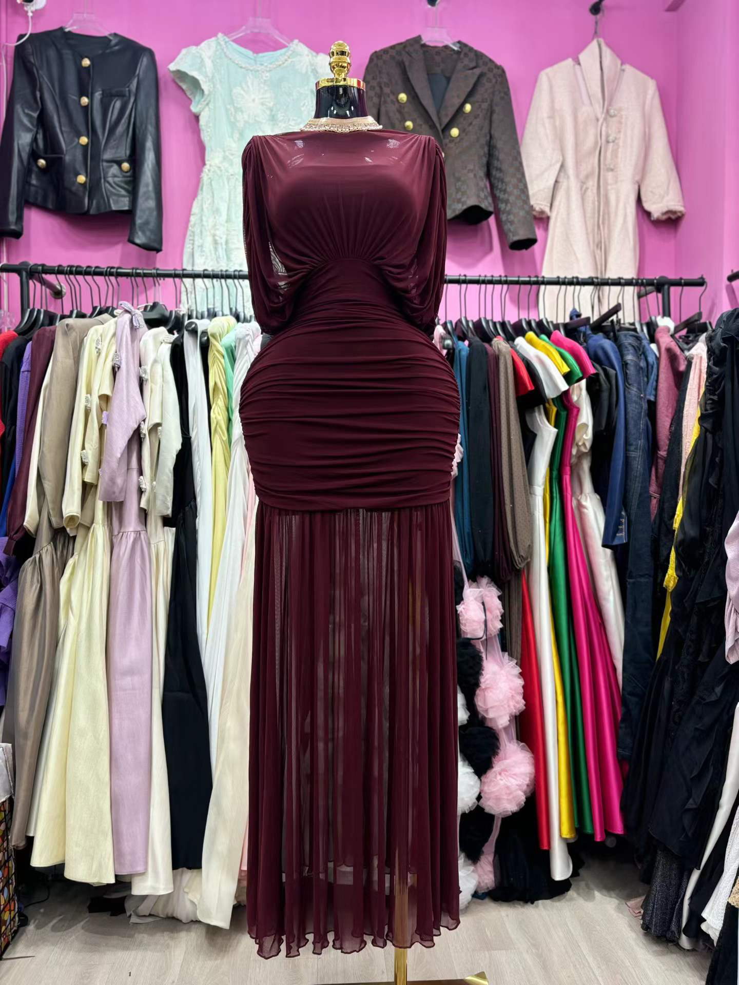 TWOTWINSTYLE Solid Stand Collar Spliced Mesh Vintage Dress
