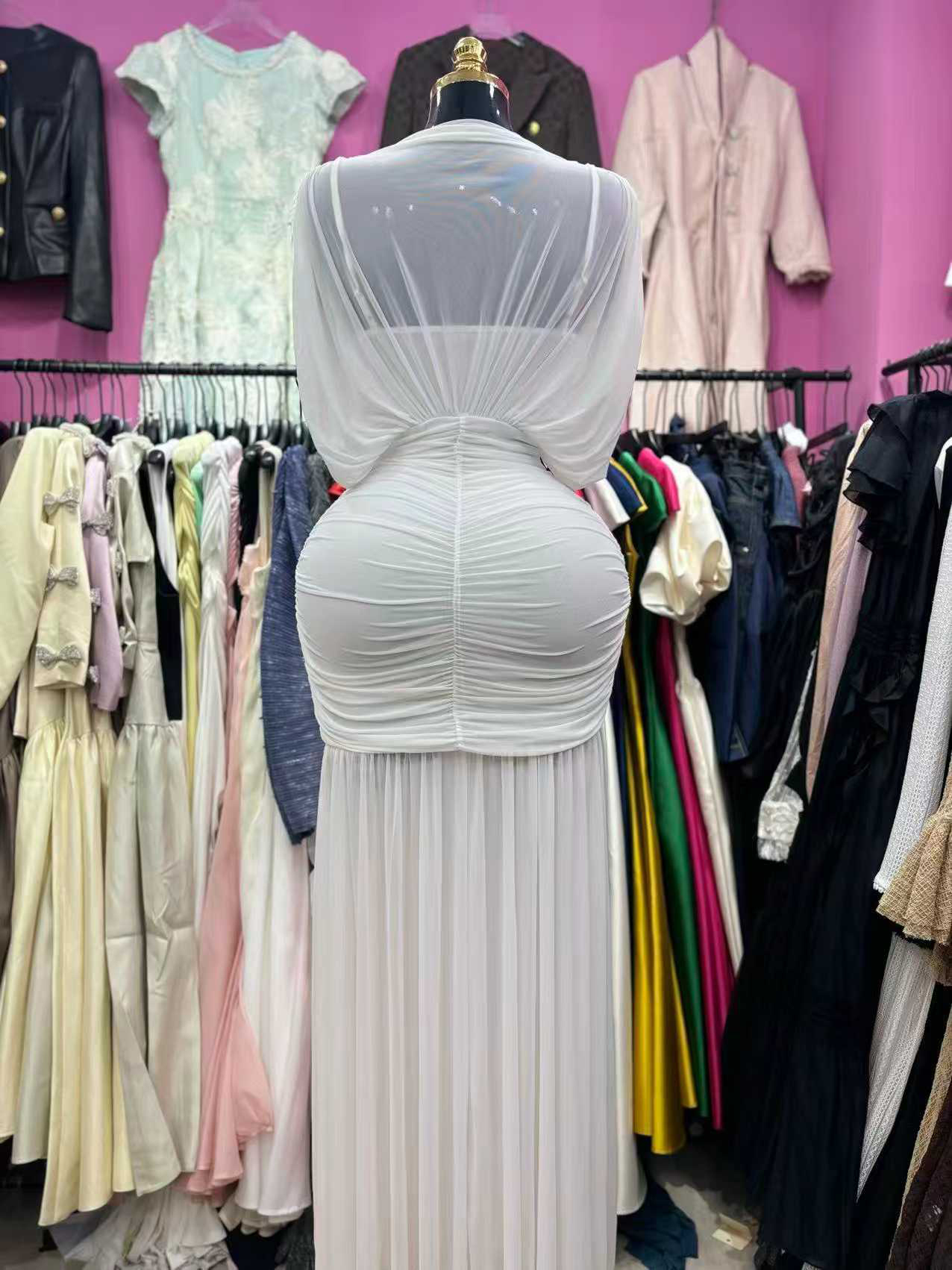 TWOTWINSTYLE Solid Stand Collar Spliced Mesh Vintage Dress