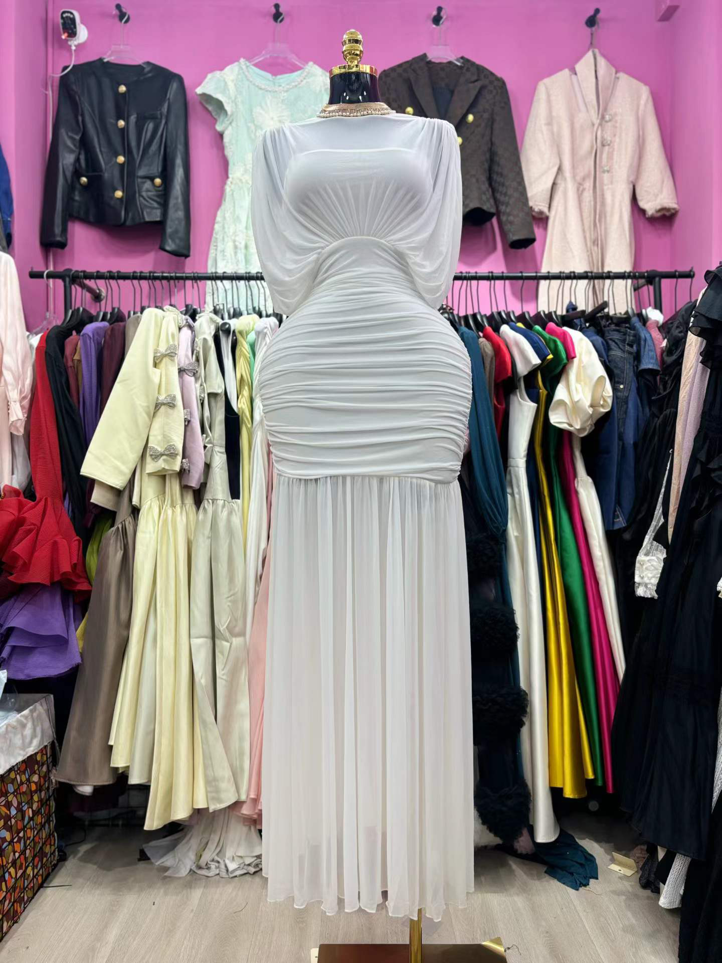 TWOTWINSTYLE Solid Stand Collar Spliced Mesh Vintage Dress