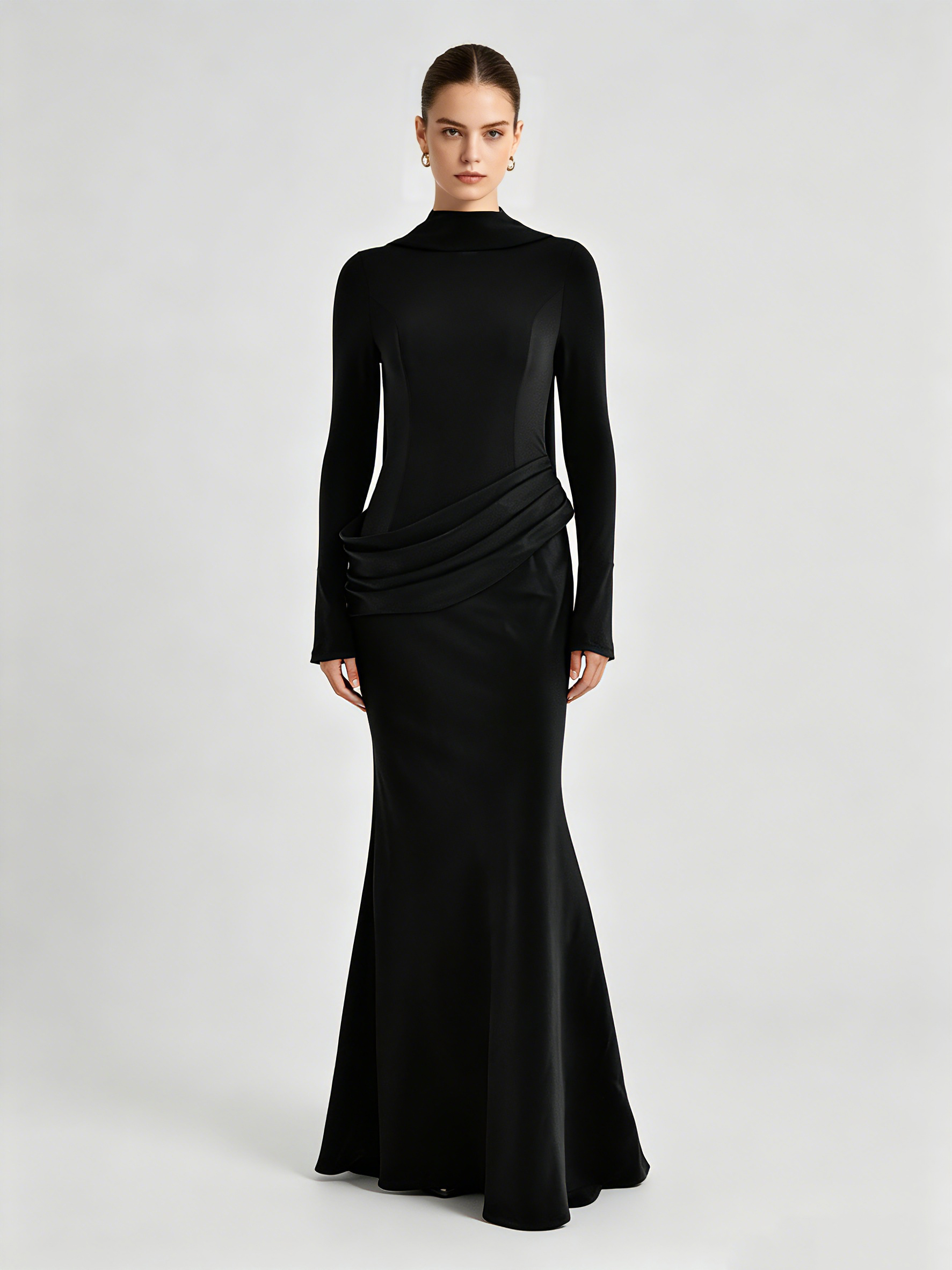 TWOTWINSTYLE Stand Collar Long Sleeve Pleated Elegant Dress