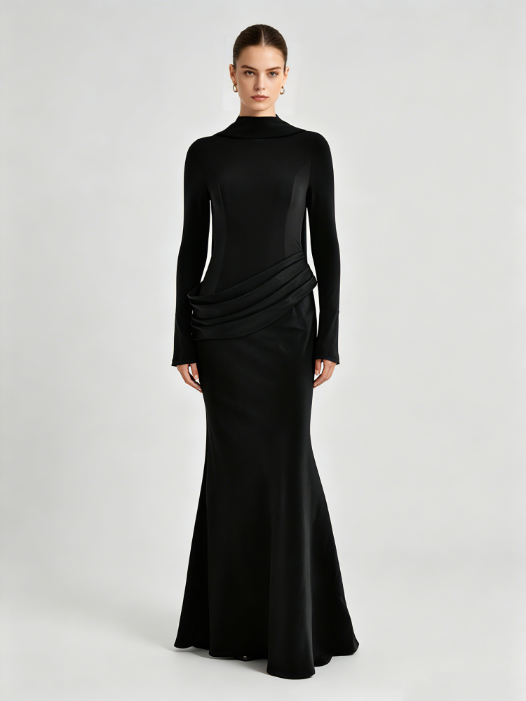 TWOTWINSTYLE Stand Collar Long Sleeve Pleated Elegant Dress