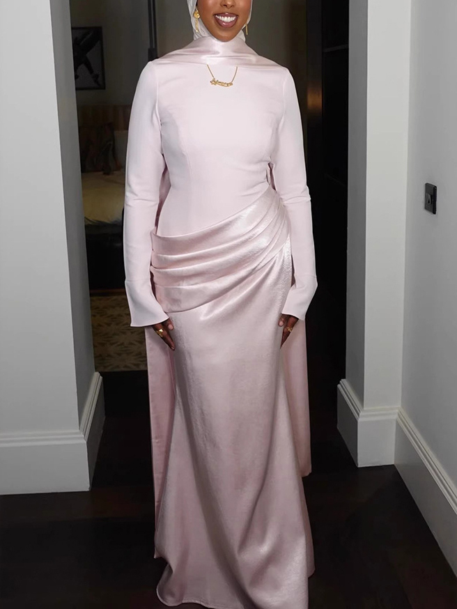 TWOTWINSTYLE Stand Collar Long Sleeve Pleated Elegant Dress