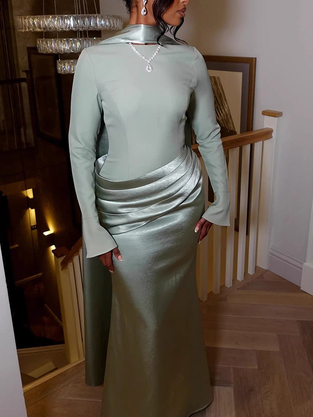 TWOTWINSTYLE Stand Collar Long Sleeve Pleated Elegant Dress