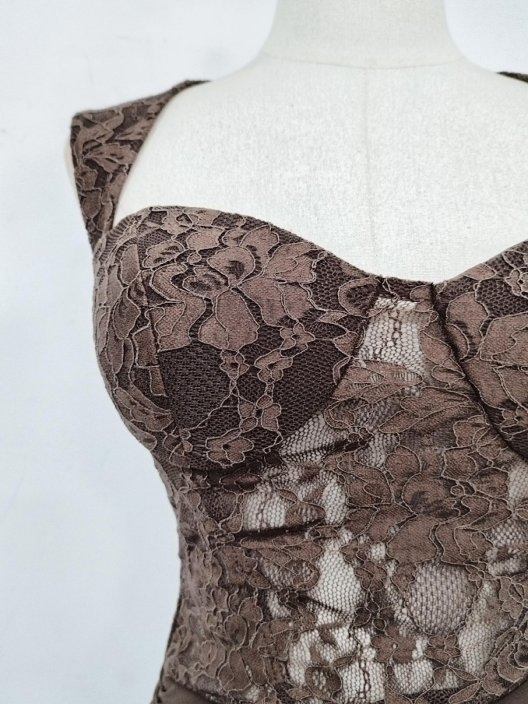 TWOTWINSTYLE Sleeveles Spliced Lace Ruched Side Split Vintage Dress