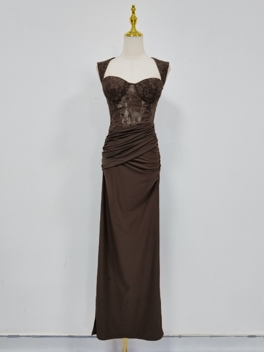 TWOTWINSTYLE Sleeveles Spliced Lace Ruched Side Split Vintage Dress
