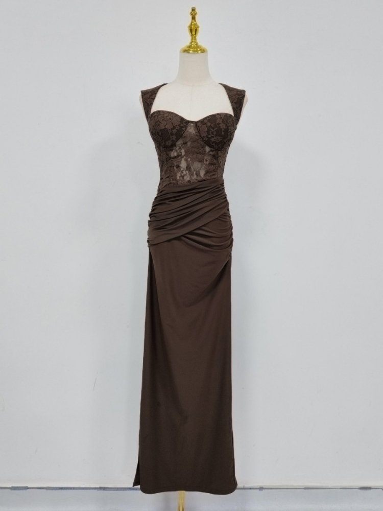 TWOTWINSTYLE Sleeveles Spliced Lace Ruched Side Split Vintage Dress