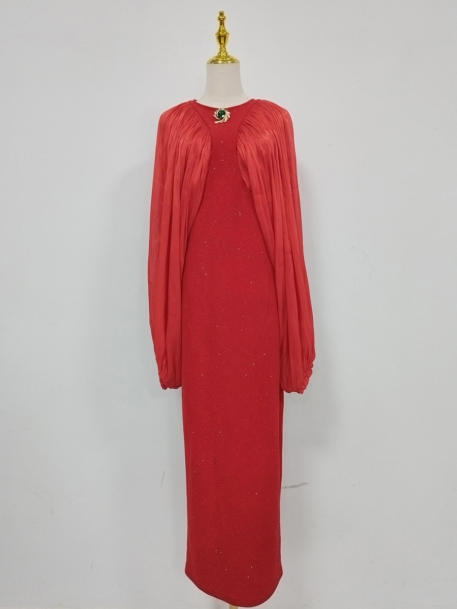 TWOTWINSTYLE Round Neck Spliced Sequins Pleated Chic Dress