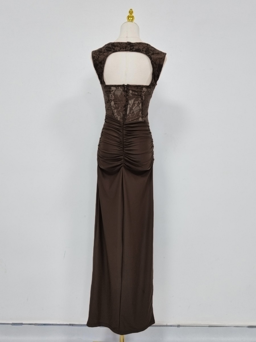 TWOTWINSTYLE Sleeveles Spliced Lace Ruched Side Split Vintage Dress