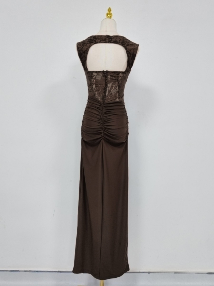 TWOTWINSTYLE Sleeveles Spliced Lace Ruched Side Split Vintage Dress