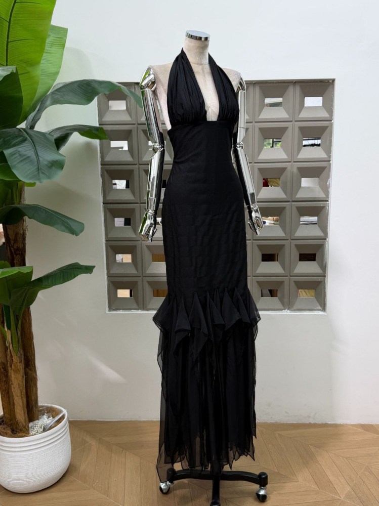 TWOTWINSTYLE Solid Spliced Mesh Elegant Halter Neck Dress