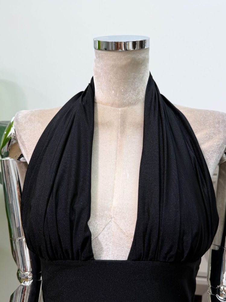 TWOTWINSTYLE Solid Spliced Mesh Elegant Halter Neck Dress