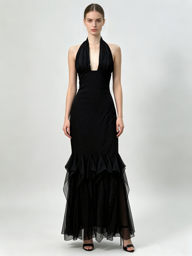 TWOTWINSTYLE Solid Spliced Mesh Elegant Halter Neck Dress