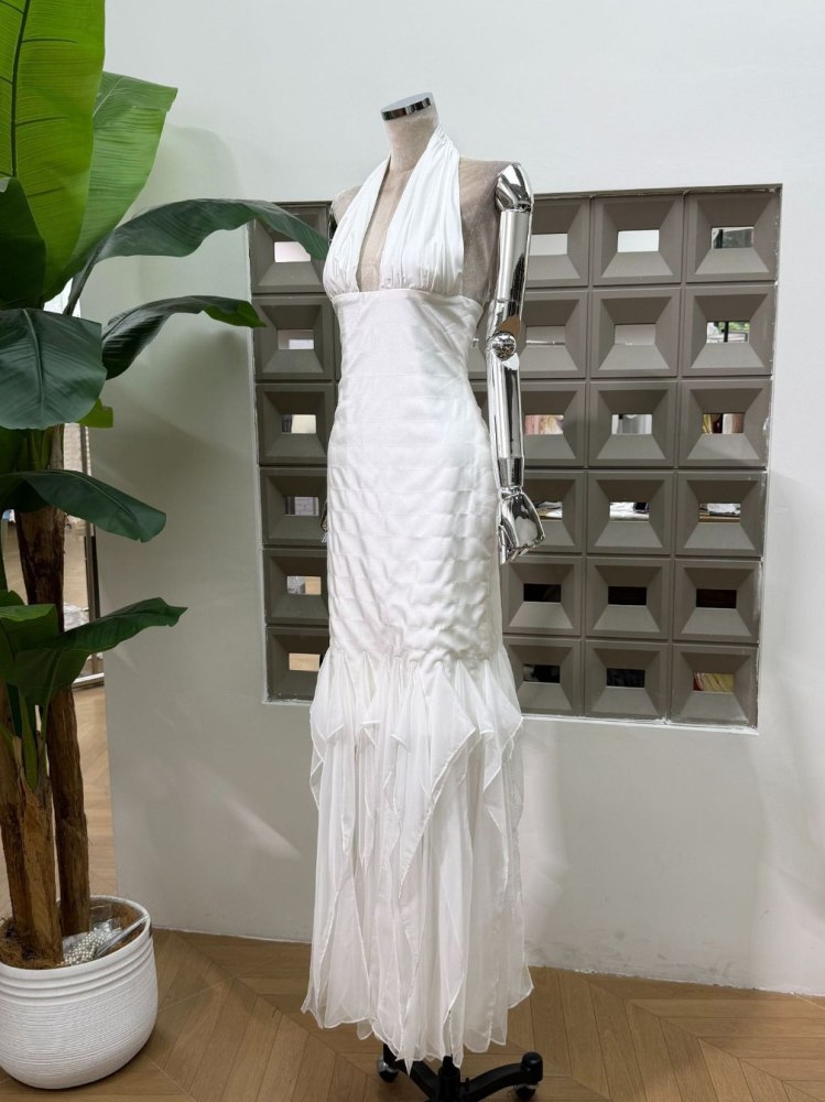 TWOTWINSTYLE Solid Spliced Mesh Elegant Halter Neck Dress