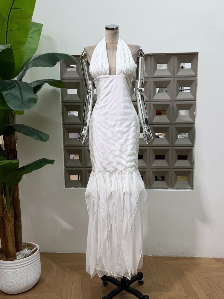 TWOTWINSTYLE Solid Spliced Mesh Elegant Halter Neck Dress