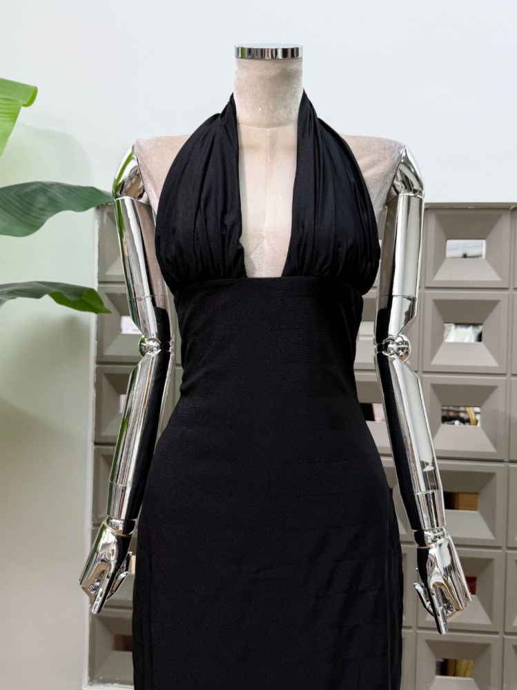 TWOTWINSTYLE Solid Spliced Mesh Elegant Halter Neck Dress