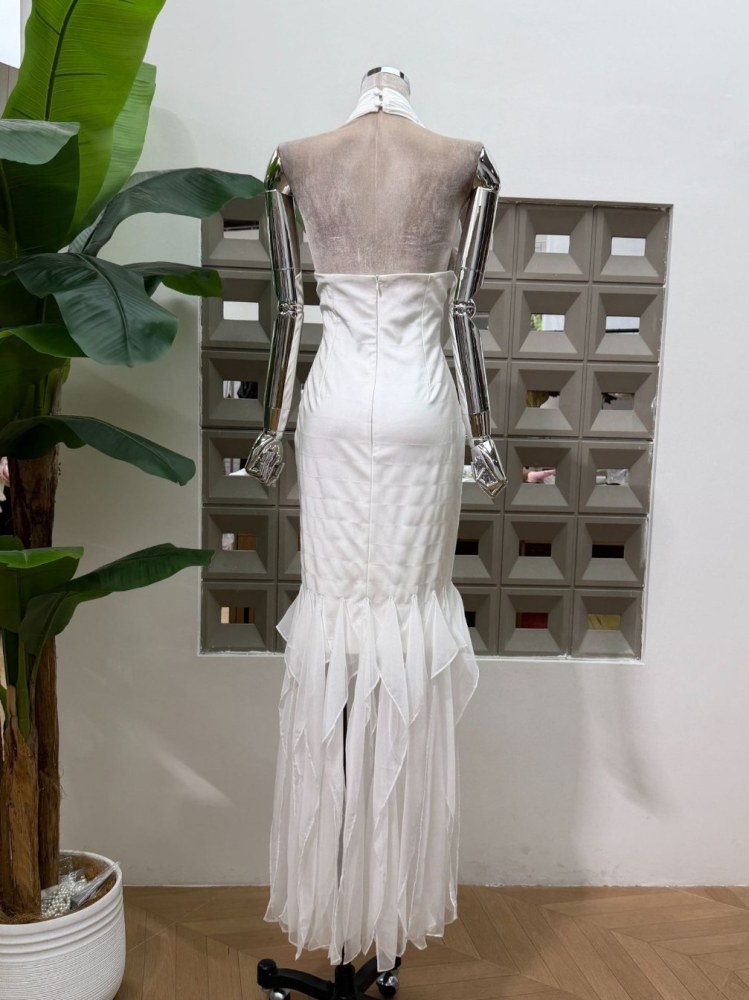 TWOTWINSTYLE Solid Spliced Mesh Elegant Halter Neck Dress