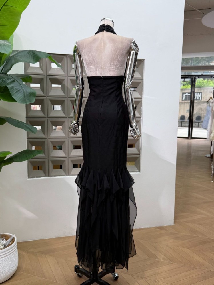 TWOTWINSTYLE Solid Spliced Mesh Elegant Halter Neck Dress