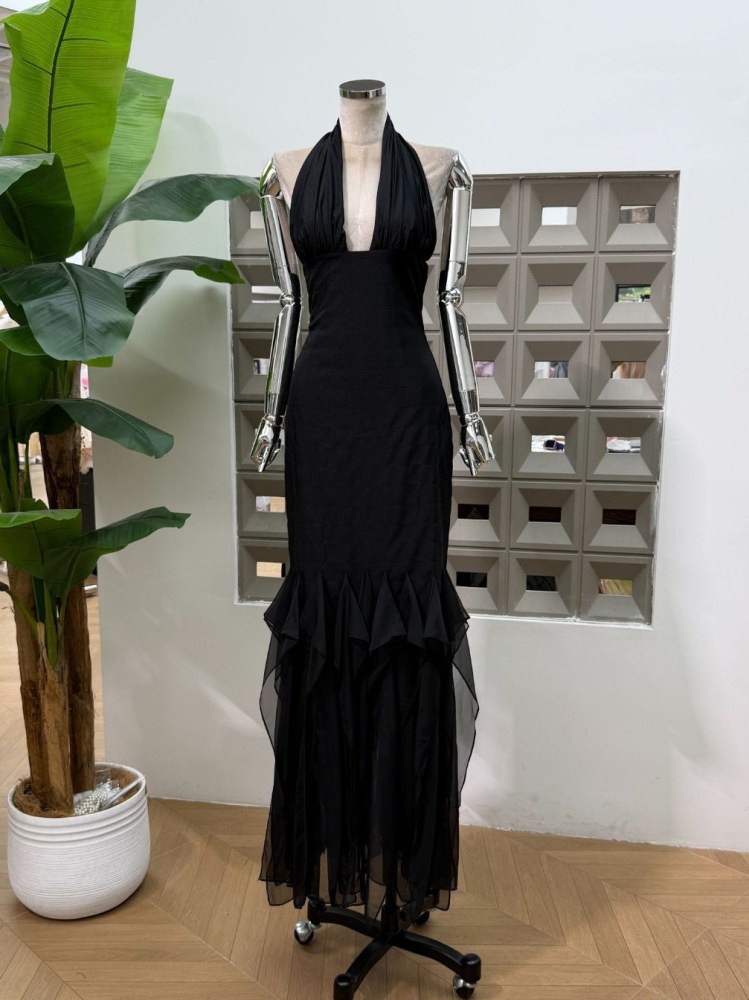 TWOTWINSTYLE Solid Spliced Mesh Elegant Halter Neck Dress